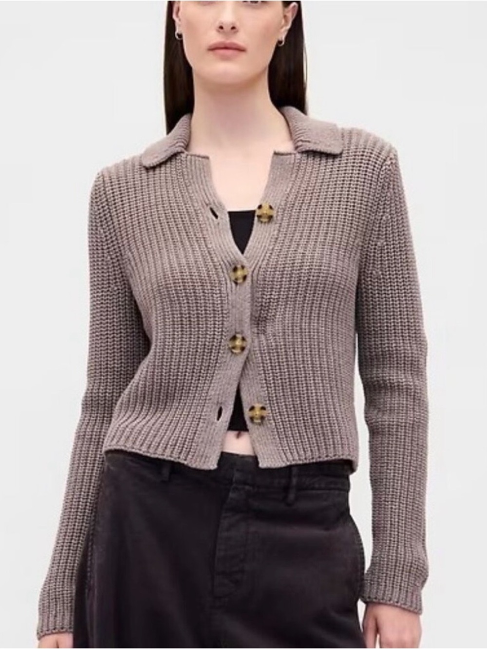 NWT GAP 100% Cotton Collared Crop Cardigan Sweater in toasted almond brown